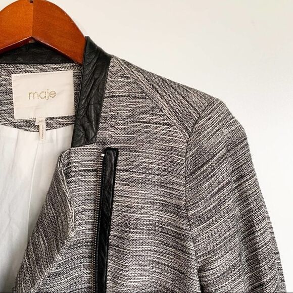 Maje Circus Grey Tweed Linen Blend Leather trim Jacket - Picture 5 of 8